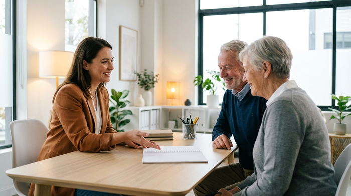 Eine professionelle Beraterin im Gespräch mit einem älteren Ehepaar in einem hellen, freundlichen Büro. Die Beraterin lächelt empathisch und deutet auf ein sauberes Notizbuch auf dem Schreibtisch. Warme Beleuchtung, aufgeräumte Umgebung, keine lesbaren Texte.