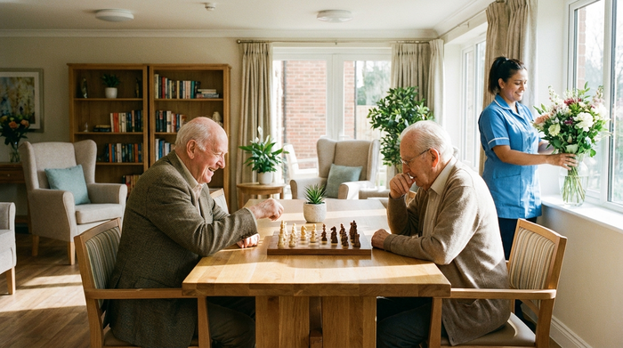 Ein sauberer, lichtdurchfluteter Gemeinschaftsraum in einer modernen Senioreneinrichtung. Zwei ältere Herren spielen Schach an einem Holztisch, während eine freundliche Pflegekraft im Hintergrund Blumen in eine Vase stellt. Entspannte und würdevolle Stimmung, hohe Bildqualität.