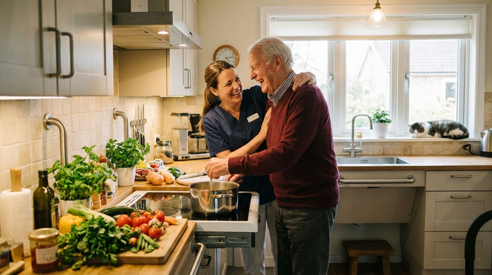 Eine engagierte Betreuungskraft kocht gemeinsam mit einem lachenden Senioren in einer gut ausgestatteten, barrierefreien häuslichen Küche. Frisches Gemüse liegt auf dem Tresen. Die Szene strahlt Geborgenheit und familiäre Nähe aus. Realistischer Fotostil, keine Schriften.