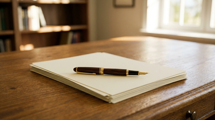 Ein eleganter Füllfederhalter liegt auf einem ordentlichen, unbeschriebenen Stapel von Dokumenten auf einem massiven Eichenschreibtisch. Im unscharfen Hintergrund ist ein helles Arbeitszimmer zu erkennen. Die Szene wirkt seriös, ruhig und gut organisiert. Keine lesbaren Wörter.