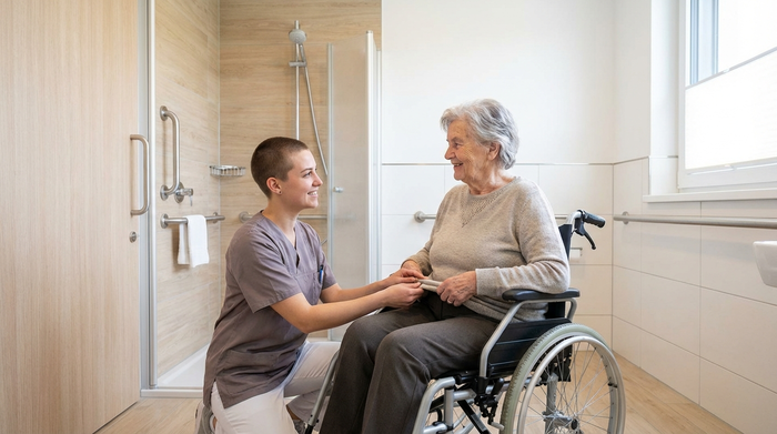 Eine aufmerksame Pflegekraft unterstützt eine Seniorin im hellen, barrierefreien Badezimmer beim Richten der Kleidung. Respektvoller Umgang, saubere und moderne Umgebung.