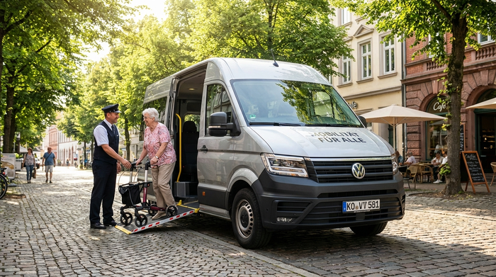 Ein barrierefreier Kleinbus parkt in einer sonnigen Straße. Ein freundlicher Fahrer hilft einer lächelnden älteren Dame mit Rollator beim sicheren Einstieg. Helle, realistische Szene, umgeben von grünen Bäumen.