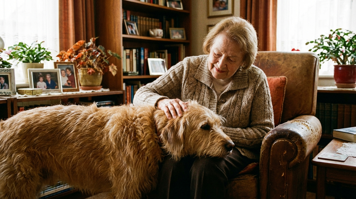 Eine ältere Frau streichelt liebevoll einen ruhigen, zotteligen Therapiehund, der seinen Kopf auf ihren Schoß legt. Die Frau lächelt entspannt. Gemütliches Wohnzimmer-Ambiente in warmen Farben, realistisch.
