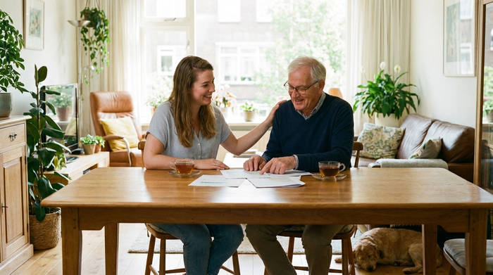 Zwei Erwachsene, eine jüngere Frau und ihr älterer Vater, sitzen entspannt am Esstisch und besprechen bei einer Tasse Tee lächelnd einige Dokumente. Vertrauensvolle, entspannte Stimmung, helles Tageslicht.