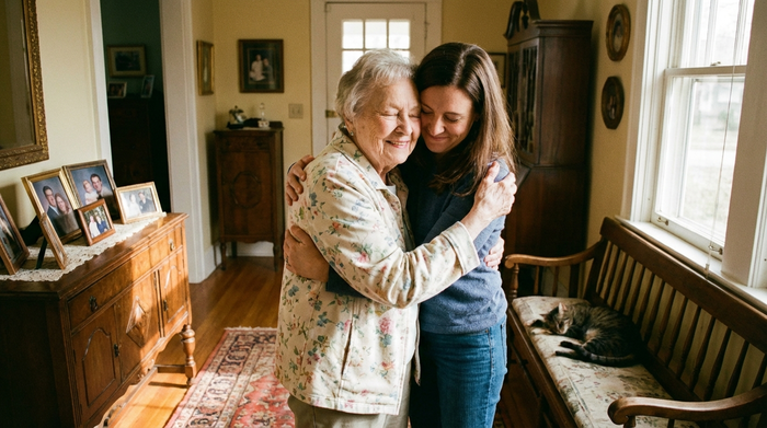 Ein liebevoller Moment zwischen einer erwachsenen Tochter und ihrer alten Mutter. Sie umarmen sich herzlich im Flur eines gemütlichen Hauses. Die Mutter trägt eine leichte Jacke und lächelt zufrieden. Warme, emotionale Szene.