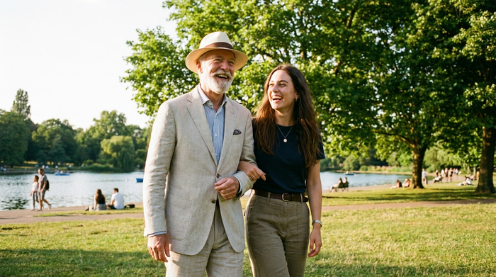 Ein gepflegter älterer Herr und eine jüngere Alltagsbegleiterin schlendern gemeinsam lachend durch einen sonnigen Park. Im Hintergrund sind grüne Bäume und das klare Wasser eines Sees zu erkennen.