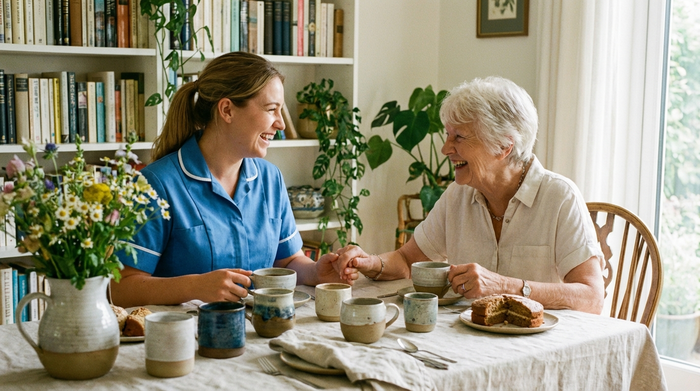 Zwei Frauen, eine jüngere Alltagshelferin und eine Seniorin, sitzen an einem schön gedeckten Esstisch und trinken Kaffee. Sie unterhalten sich angeregt und wirken sehr vertraut miteinander.