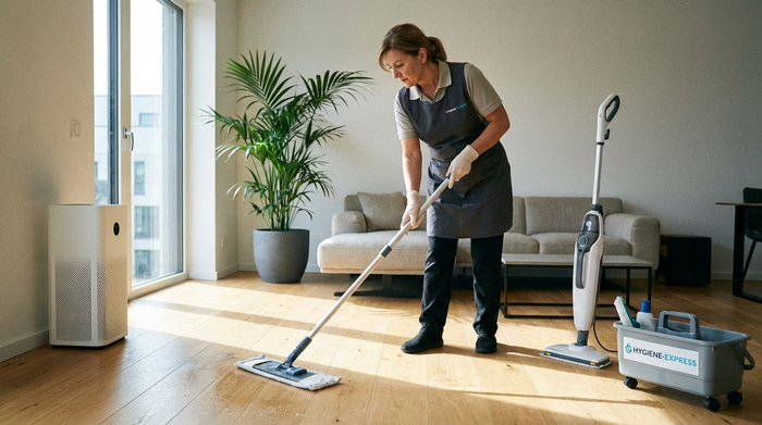 Eine sorgfältige Reinigungskraft wischt den hellen Holzboden in einem modernen, aufgeräumten Wohnzimmer. Sonnenlicht scheint durch das große Fenster. Realistische Szene mit Fokus auf Sauberkeit und Hygiene.