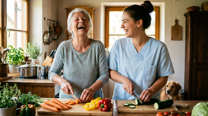 Eine ältere Frau lacht herzlich, während sie gemeinsam mit einer jungen Betreuerin in der Küche frisches Gemüse für das Mittagessen schneidet. Warme Beleuchtung, harmonisches und fröhliches Miteinander.