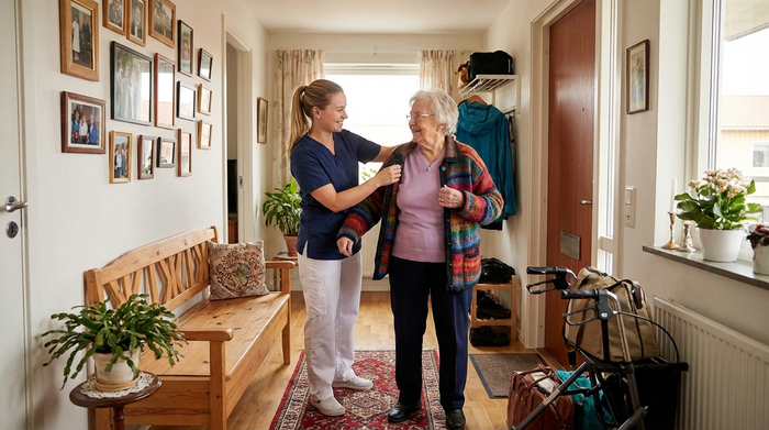 Eine Seniorenbetreuerin hilft einer älteren Dame liebevoll beim Anziehen einer Jacke im Flur einer gemütlichen Wohnung. Beide bereiten sich auf einen gemeinsamen Ausflug vor.