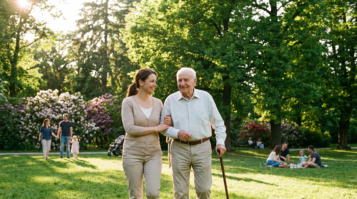 Eine fürsorgliche Betreuerin hilft einem älteren Herrn beim Spaziergang in einem sonnigen Park, grüne Bäume im Hintergrund, entspannte Atmosphäre.