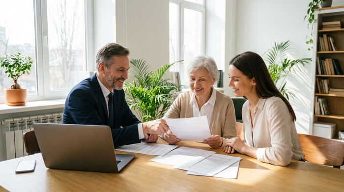 Ein seriöser Berater in einem hellen Büro bespricht freundlich Dokumente mit einer älteren Dame und ihrer Tochter, professionelle und vertrauensvolle Stimmung.