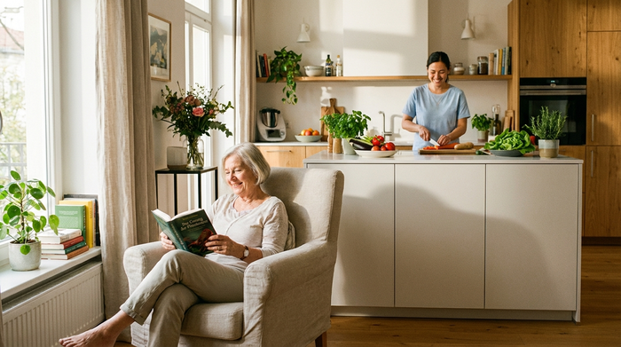 Eine entspannte Seniorin sitzt auf einem bequemen Sofa und liest ein Buch, im Hintergrund bereitet eine Haushaltshilfe frisches Gemüse in einer modernen Küche vor.