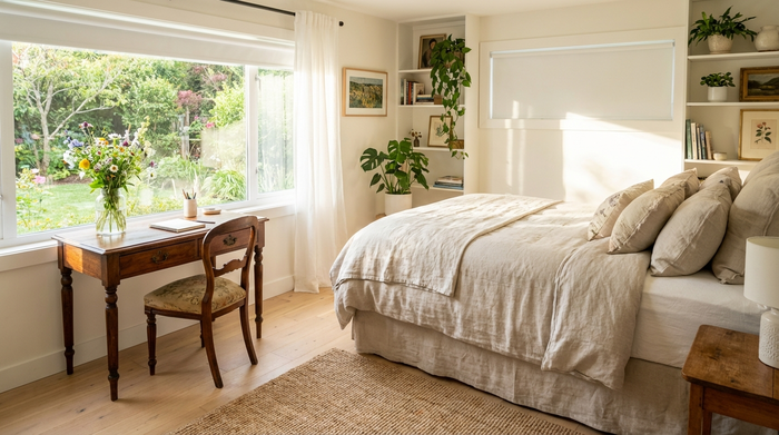 Ein helles, freundlich eingerichtetes Gästezimmer mit einem gemütlichen Bett, einem kleinen Schreibtisch, frischen Blumen und einem großen Fenster mit Blick auf einen Garten.