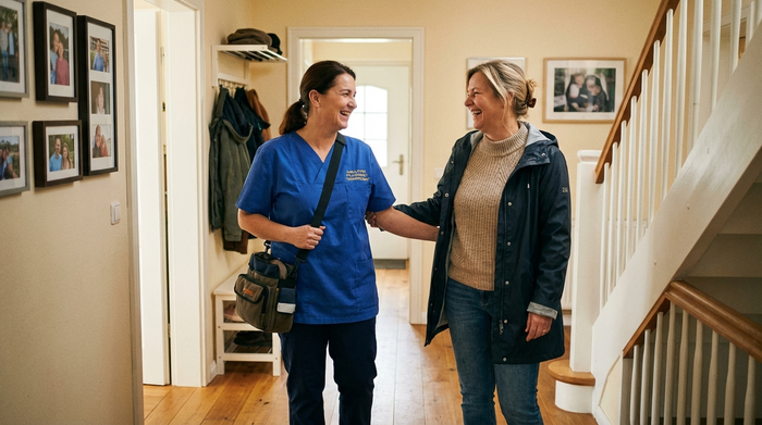 Zwei Pflegekräfte, eine in Dienstkleidung eines ambulanten Dienstes und eine in Alltagskleidung, unterhalten sich freundlich lächelnd im Flur eines Hauses.