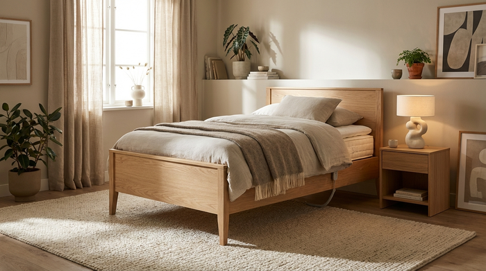 Ein hochwertiges, modernes Pflegebett aus hellem Holz in einem gemütlichen, gut beleuchteten Schlafzimmer. Ein weicher Teppich und eine Nachttischlampe sorgen für eine wohnliche Atmosphäre. Keine medizinischen Geräte im Hintergrund.