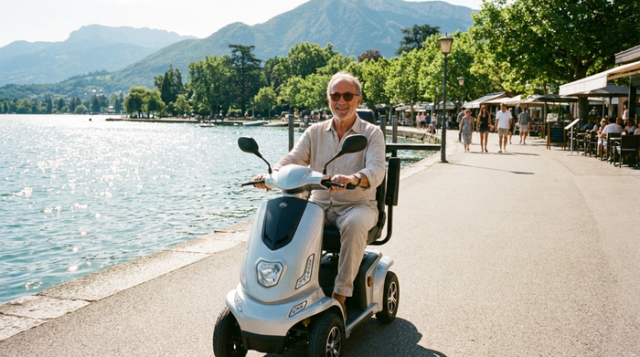 Ein älterer, lächelnder Mann fährt an einem sonnigen Tag mit einem modernen Elektromobil entlang einer schönen Uferpromenade an einem See. Im Hintergrund Bäume und glitzerndes Wasser, realistische Fotografie.