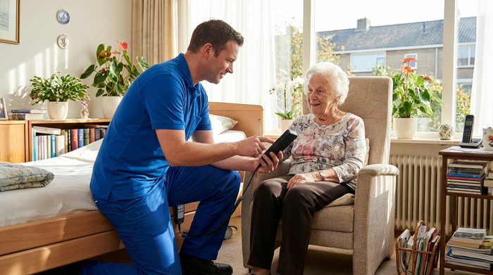 Ein freundlicher Techniker in sauberer Arbeitskleidung erklärt einer älteren Dame geduldig die Fernbedienung eines neuen, elektrischen Pflegebettes direkt in ihrem Wohnzimmer. Helles Tageslicht, vertrauensvolle Stimmung.
