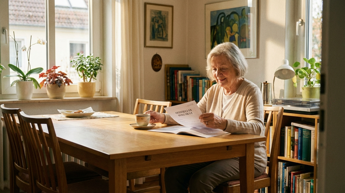 Eine ältere Frau sitzt entspannt an einem aufgeräumten Esstisch und liest ein offizielles Dokument, während sie eine Tasse Tee trinkt. Warmes Sonnenlicht fällt durch das Fenster, positive und ruhige Atmosphäre.