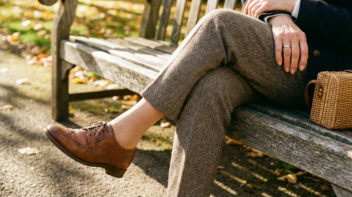 Eine Nahaufnahme der Beine einer älteren Dame, die bequem auf einer Parkbank sitzt. Sie trägt elegante, gut sitzende Schuhe. Die Szene ist ruhig, lichtdurchflutet und fokussiert auf entspannte, gesunde Beine im Alltag.