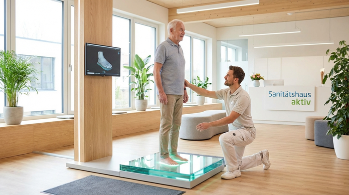Eine moderne, helle Praxis eines Sanitätshauses. Ein älterer Herr steht barfuß auf einer beleuchteten, sauberen Glasplatte eines digitalen Fußscanners. Ein freundlicher Orthopädietechniker in heller Arbeitskleidung kniet daneben und achtet auf die richtige Haltung.