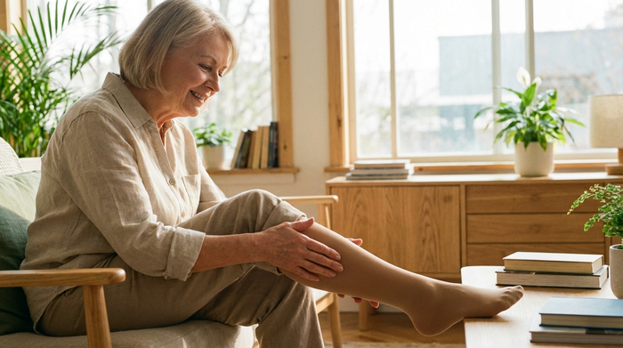 Eine vitale Seniorin steht lächelnd in ihrem hellen Wohnzimmer und streicht sanft über ihren Unterschenkel, der von einem unauffälligen, hautfarbenen Strumpf umschlossen ist. Das Morgenlicht fällt durch das große Fenster und erzeugt eine warme, sichere Atmosphäre.