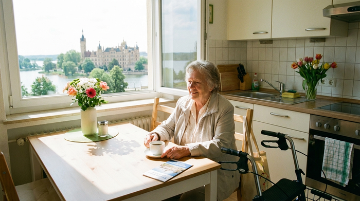 Ein sonniger Morgen in Schwerin. Eine ältere Dame trinkt entspannt ihren Morgenkaffee am Küchentisch, während sie sich auf den frühen Weg ins Sanitätshaus vorbereitet. Die Stimmung ist frisch, motivierend und aufgeräumt.