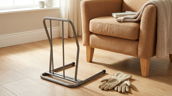 Ein praktisches, metallenes Anziehgestell für Strümpfe steht auf einem sauberen Holzboden neben einem bequemen Sessel. Daneben liegen spezielle Handschuhe mit Noppenprofil bereit. Die Szene ist ordentlich und zeigt praktische Alltagshilfen in einer wohnlichen Umgebung.