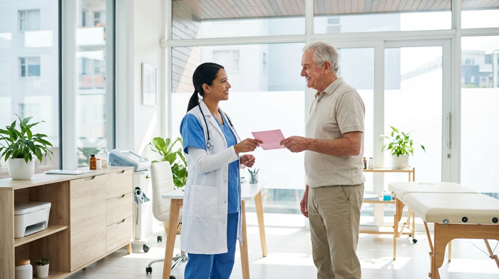 Eine freundliche Ärztin in einem hellen Behandlungszimmer überreicht einem lächelnden Senior ein rosafarbenes Rezept. Professionelle, saubere Praxisumgebung, realistisch und ohne Text.