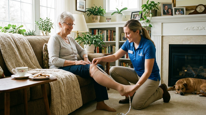 Ein freundlicher Sanitätshaus-Mitarbeiter kniet im hellen Wohnzimmer einer älteren Dame und misst mit einem Maßband ihr Bein für Kompressionsstrümpfe aus. Gemütliche, vertrauensvolle Atmosphäre.