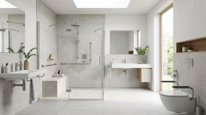 Ein modernes, helles und barrierefreies Badezimmer mit einer großzügigen, ebenerdigen Dusche, eleganten Haltegriffen an den Wänden und rutschfesten Fliesen. Sauberes und sicheres Design.