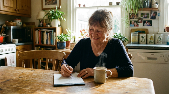 Eine ältere Frau sitzt am Küchentisch und hakt mit einem Stift zufrieden Punkte auf einem Notizblock ab. Eine warme Kaffeetasse steht daneben. Entspannte, positive Stimmung.