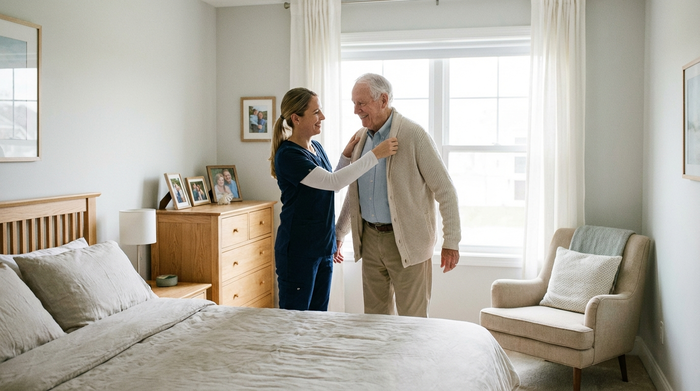 Eine engagierte Pflegekraft hilft einem älteren Herrn behutsam beim Anziehen einer hellen Strickjacke in einem aufgeräumten, hellen Schlafzimmer.