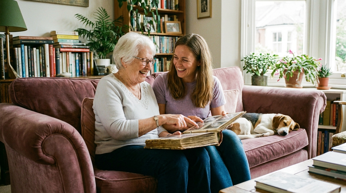 Eine ältere Frau und ihre erwachsene Tochter sitzen lachend auf einem bequemen Sofa im Wohnzimmer und schauen sich gemeinsam ein Fotoalbum an.