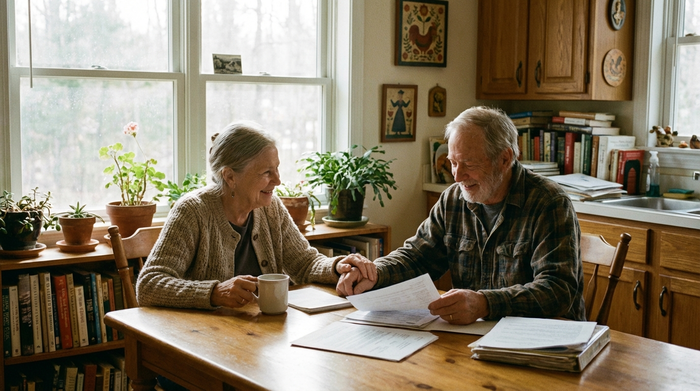 Ein älteres Ehepaar sitzt am Küchentisch und bespricht entspannt Dokumente, während durch das Fenster sanftes Tageslicht hereinfällt.