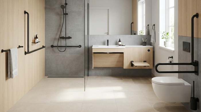 Ein modern gestaltetes, barrierefreies Badezimmer mit einer ebenerdigen Dusche, Haltegriffen an den Wänden und einem rutschfesten hellen Fliesenboden.