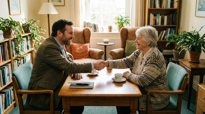 Ein empathischer Berater sitzt mit einer Seniorin am Tisch, beide lächeln und reichen sich zur Begrüßung freundlich die Hände.