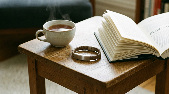 Ein moderner, unauffälliger Hausnotruf-Sender in Form eines Armbands liegt griffbereit auf einem hölzernen Beistelltisch neben einer Teetasse und einem aufgeschlagenen Buch.