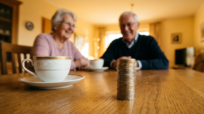Ein Stapel von glänzenden Euro-Münzen neben einer eleganten Kaffeetasse auf einem massiven Holztisch. Im Hintergrund sieht man unscharf ein älteres Ehepaar, das entspannt am Tisch sitzt. Warme, vertrauensvolle Beleuchtung, fotorealistisch, ohne Text.