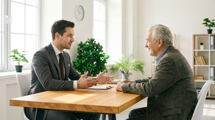 Ein freundlicher Berater in einem eleganten Anzug sitzt mit einem älteren Herrn an einem hellen, aufgeräumten Schreibtisch. Der Berater erklärt etwas mit einer offenen, beruhigenden Handgeste. Helles Büro, seriöse und vertrauensvolle Stimmung, keine sichtbaren Texte oder Diagramme.