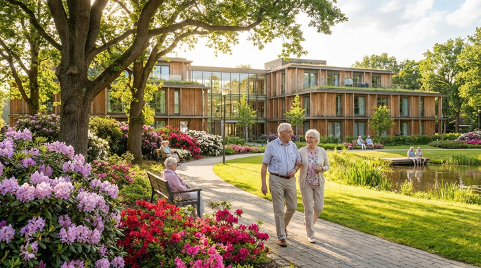 Eine wunderschöne, gepflegte Parkanlage eines modernen Seniorenheims. Ein älteres Paar spaziert Arm in Arm über einen gepflasterten Weg, umgeben von blühenden Sträuchern und alten Bäumen. Sonniges Wetter, friedliche und harmonische Atmosphäre.