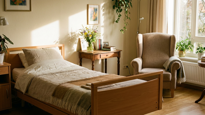 Ein gemütliches, lichtdurchflutetes Bewohnerzimmer in einem Pflegeheim. Ein bequemes Bett mit hochwertiger Bettwäsche, ein kleiner Holztisch mit einer frischen Blumenvase und ein großer, weicher Lesesessel. Einladende, wohnliche Atmosphäre ohne medizinischen Krankenhaus-Charakter.
