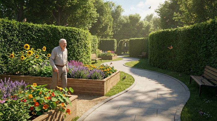 Ein sicherer, idyllischer Demenzgarten mit rollstuhlgerechten, geschwungenen Wegen ohne Sackgassen. Hohe, dichte grüne Hecken dienen als natürlicher Schutz. Ein älterer Herr spaziert entspannt an hölzernen Hochbeeten voller bunter Blumen vorbei. Sonniges Wetter, friedliche Stimmung, fotorealistisch.