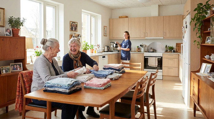Eine moderne, gemütliche Wohnküche in einer Senioren-Wohngemeinschaft. Helle Holzmöbel im Stil der 60er Jahre. Zwei ältere Frauen falten gemeinsam frische Wäsche an einem großen Esstisch, während eine Pflegekraft im Hintergrund lächelnd Kaffee kocht. Lebendige, familiäre Atmosphäre, fotorealistisch.
