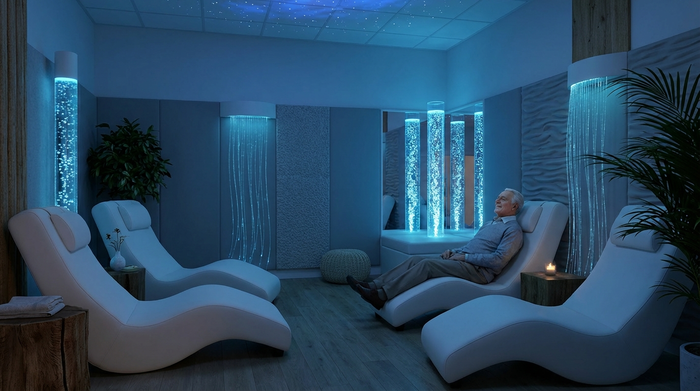 Ein beruhigender Snoezelen-Raum für Senioren. Gedimmtes, sanftes bläuliches Licht, bequeme weiße Liegesessel und leuchtende Wassersäulen mit aufsteigenden Bläschen. Ein älterer Mann ruht entspannt in einem Sessel und betrachtet das faszinierende Lichtspiel. Friedlich, therapeutisch, fotorealistisch.