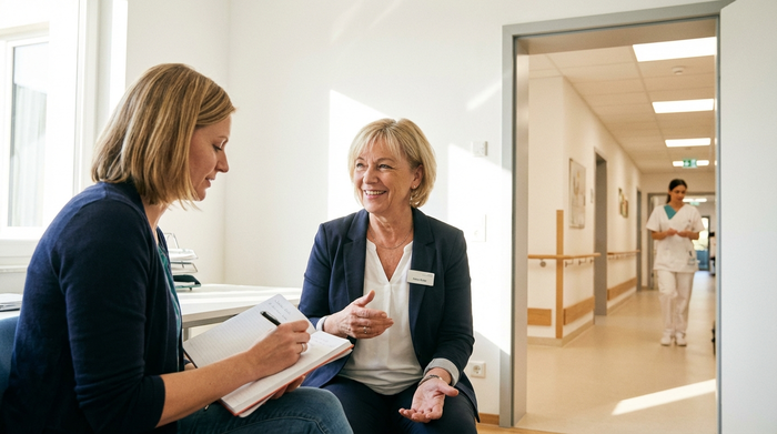 Eine aufmerksame Tochter im Gespräch mit einer freundlichen Pflegedienstleitung in einem hellen Büro. Die Tochter macht sich Notizen. Im Hintergrund sieht man durch eine offene Tür einen sauberen, gut beleuchteten Flur mit Handläufen. Professionell, vertrauensvoll, fotorealistisch.