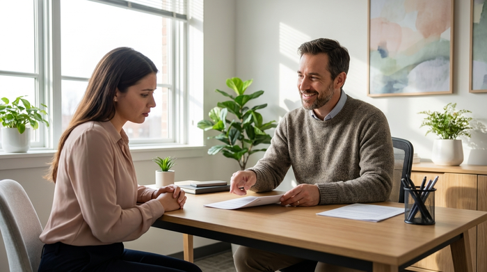 Ein freundlicher Sozialarbeiter im Krankenhaus bespricht mit einer besorgten Tochter Dokumente an einem aufgeräumten Schreibtisch. Helles Licht, professionelle und empathische Umgebung, realistisch, keine Texte.