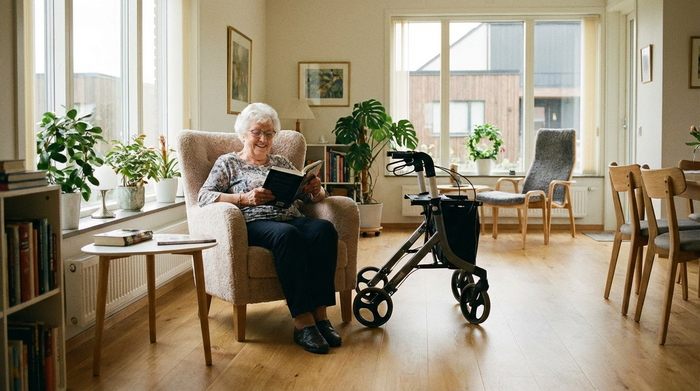 Eine ältere Frau sitzt entspannt in einem bequemen Sessel in einem sonnigen, barrierefreien Zimmer und liest ein Buch. Helle, freundliche und moderne Einrichtung, realistisch, keine Texte.