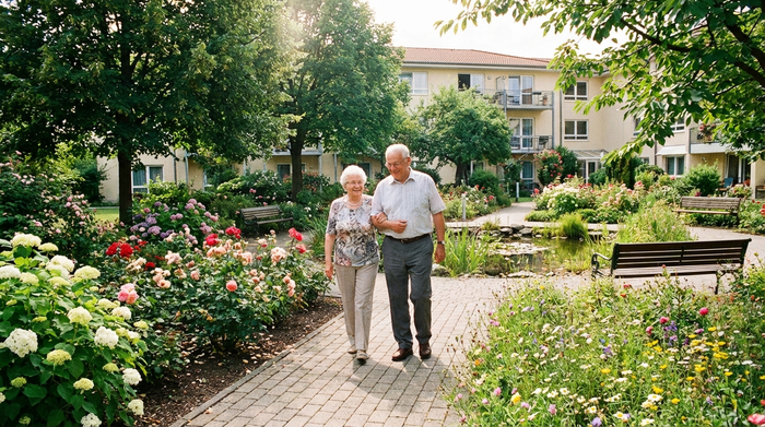 Ein gepflegter, grüner Garten einer Seniorenresidenz. Zwei ältere Herrschaften spazieren gemütlich auf einem befestigten Weg, umgeben von blühenden Blumen und Bäumen, realistisch, keine Texte.