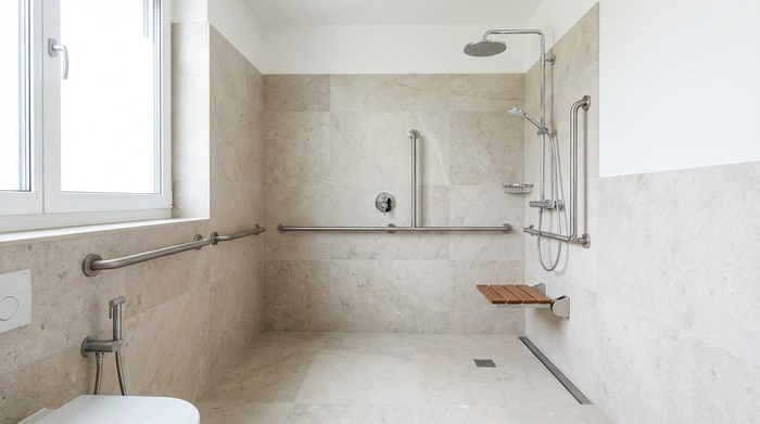 Eine moderne, barrierefreie, bodengleiche Dusche in einem hellen, sauberen Badezimmer mit Haltegriffen an der Wand. Hochwertige Ausstattung, sicheres Wohnumfeld für Senioren, realistisch, keine Texte.